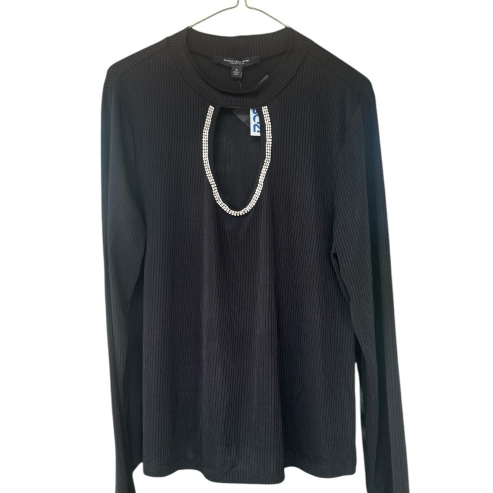 Marc New York Black Long Sleeve Ribbed Top with Rhinestone Detail Size XL NWT